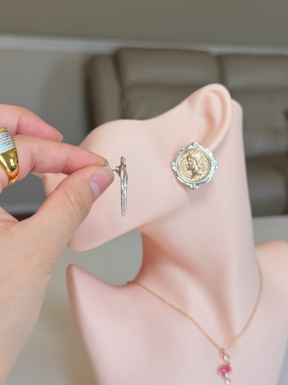 Gold and Silver Coin Medallion Earrings - Picture 6 of 10